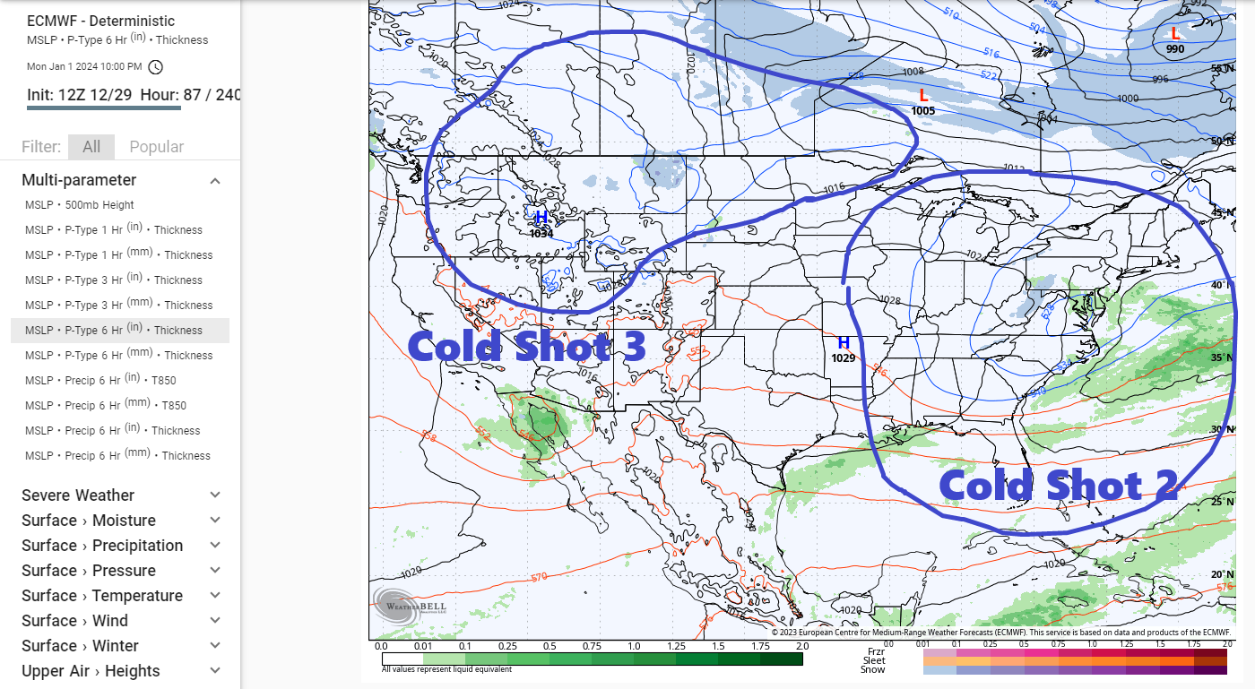 Multiple Cold Shots and Snow Chances.